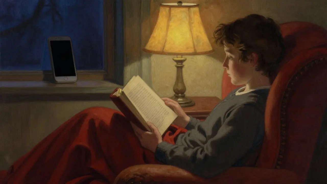 Reading book by warm lamp, phone away