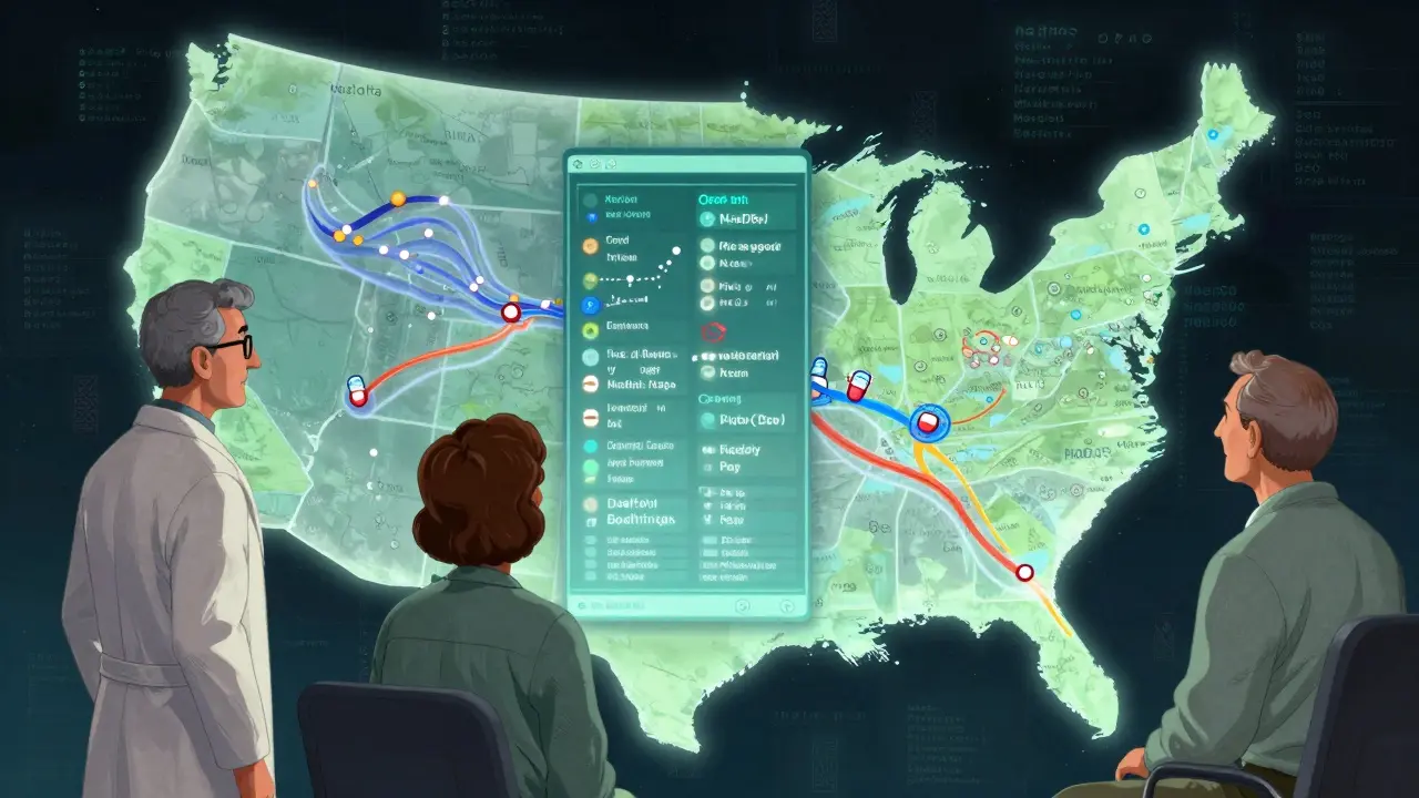 Three people examining a glowing data map of the U.S. with drug report constellations.