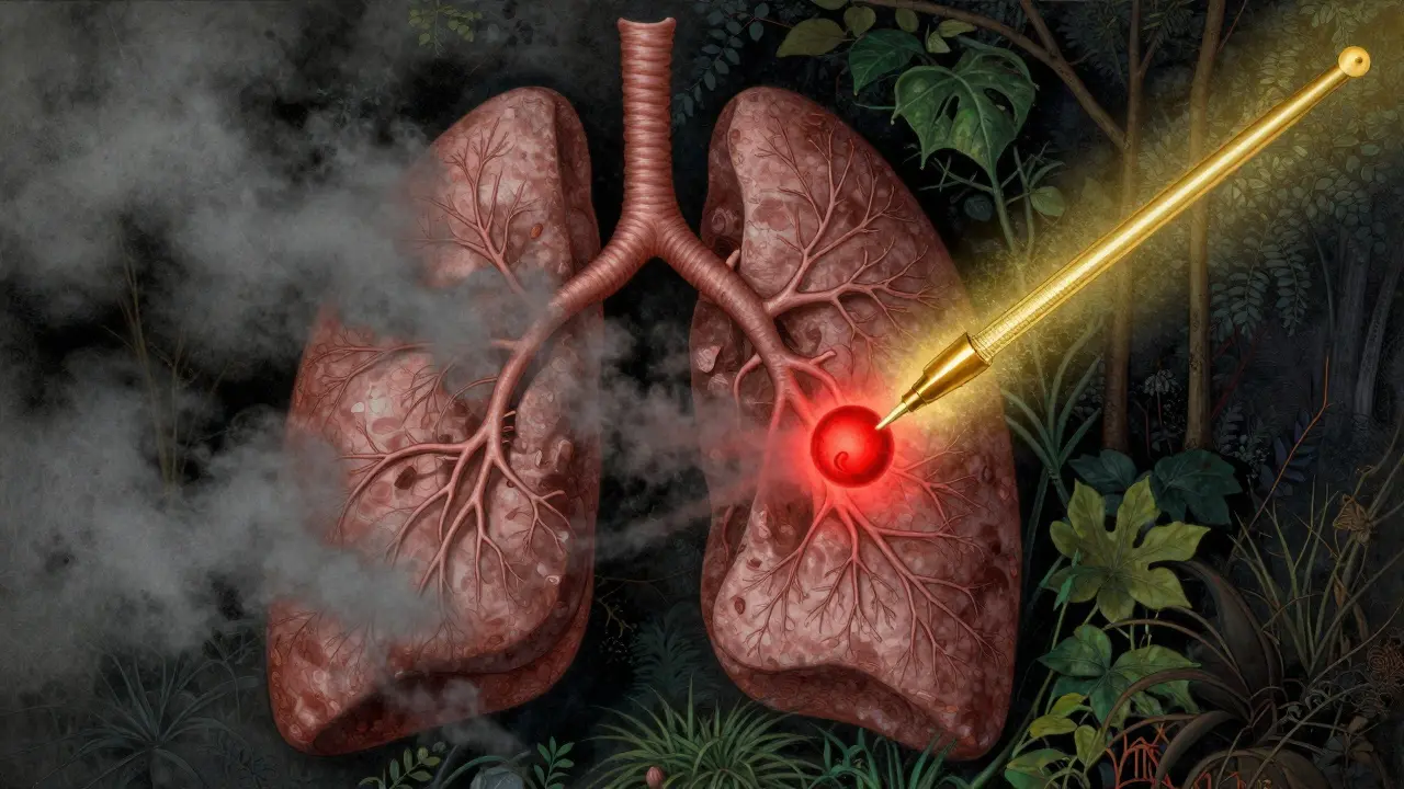 A conceptual illustration of a lung with a precise beam of light targeting a specific inflammation point.