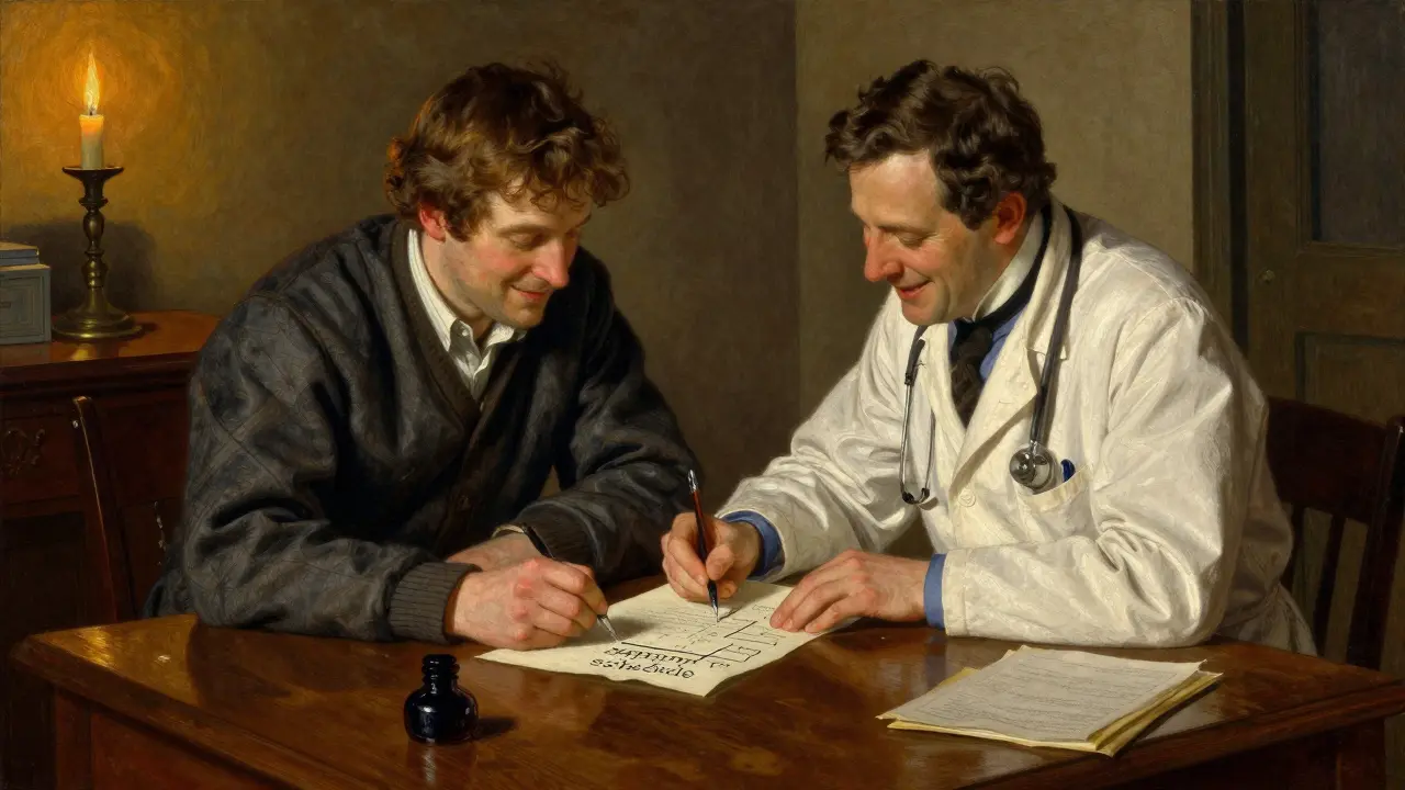 A doctor and patient collaborating on a medical recovery plan at a wooden desk.