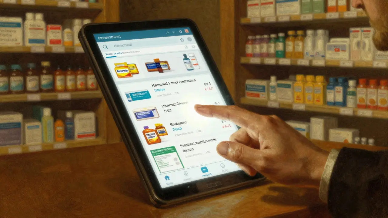 A hand browsing pharmacy prices on a digital interface in a classic art style.