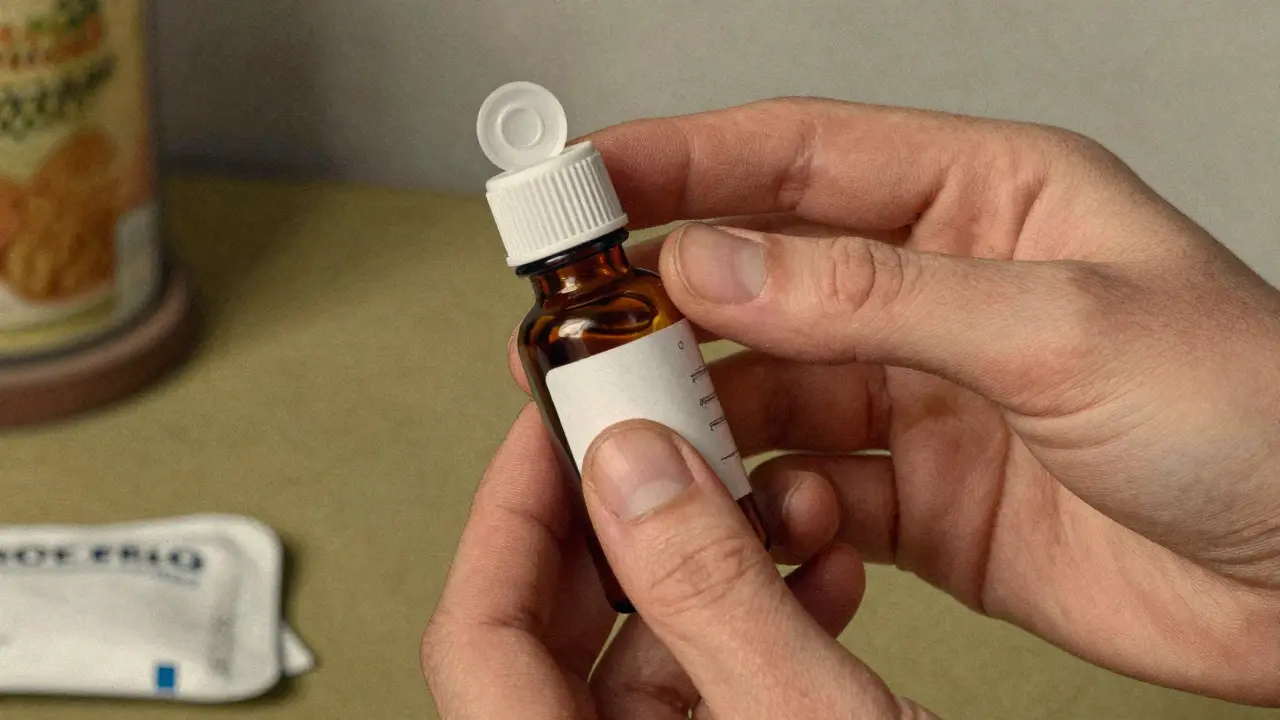 A person carefully checking the safety seal of a medication bottle.