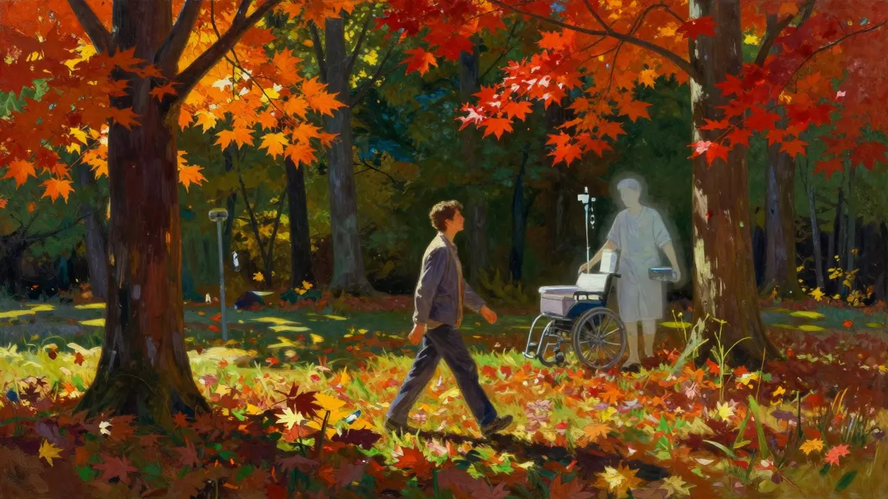 A person walking through a colorful autumn park, symbolizing restored mobility and health.