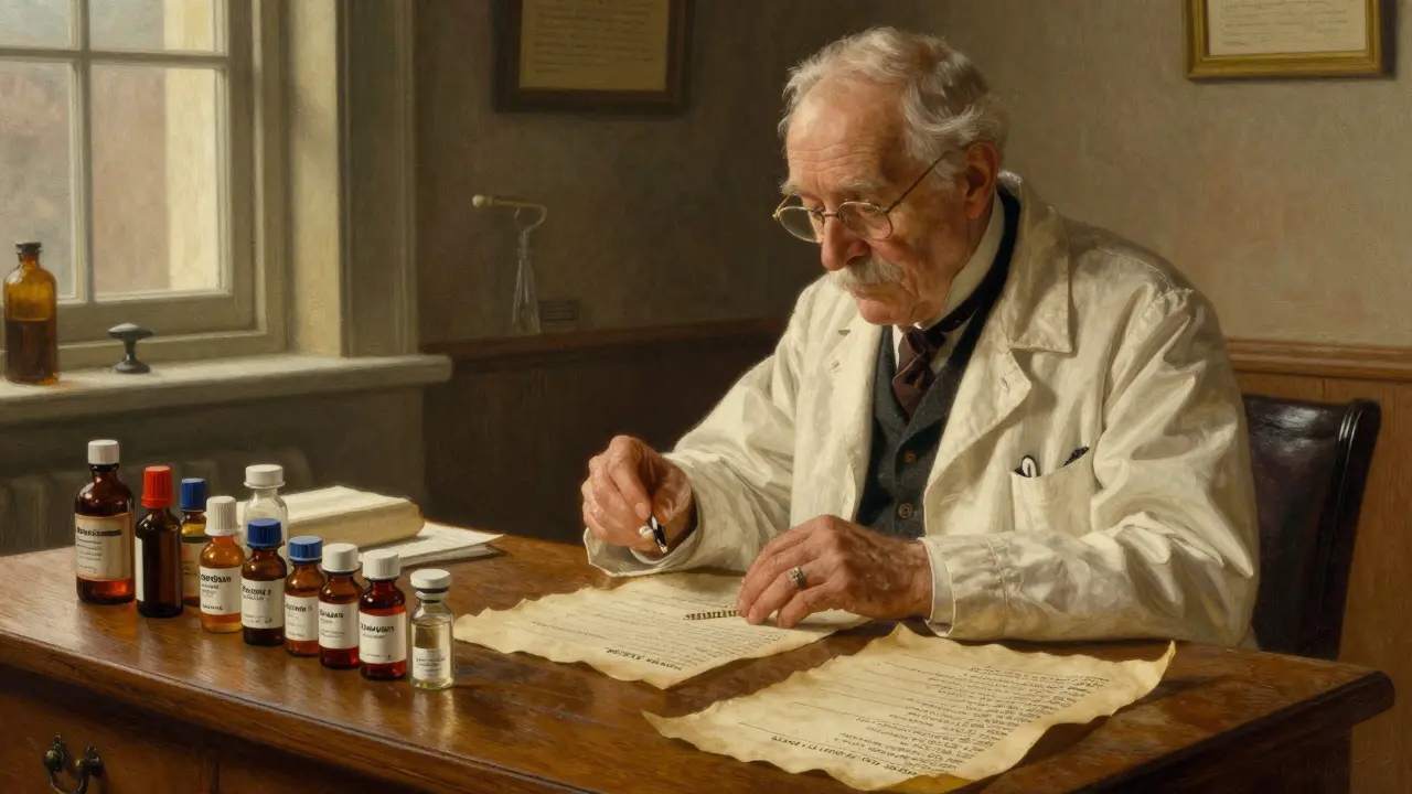 A pharmacist carefully reviewing a list of medications and small vials on a wooden desk.