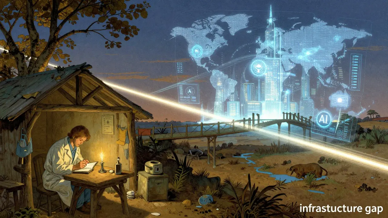 A split scene comparing a high-tech digital city with a rustic rural clinic.