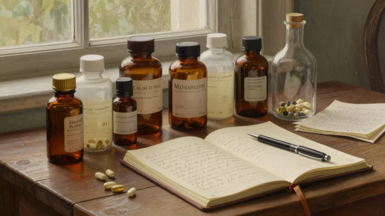Collection of prescription bottles and a health diary on a rustic table.