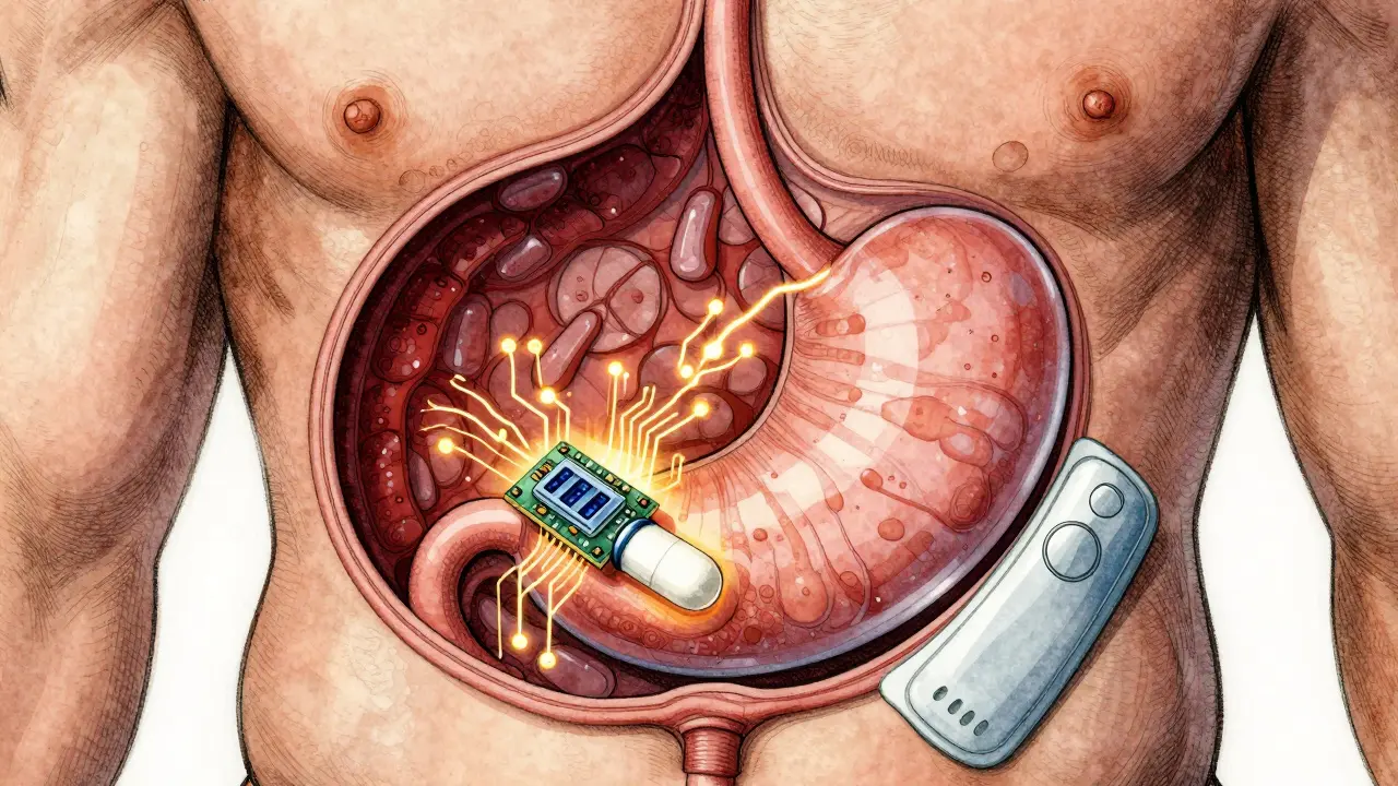 Diagram of digital pill sensor activating in stomach