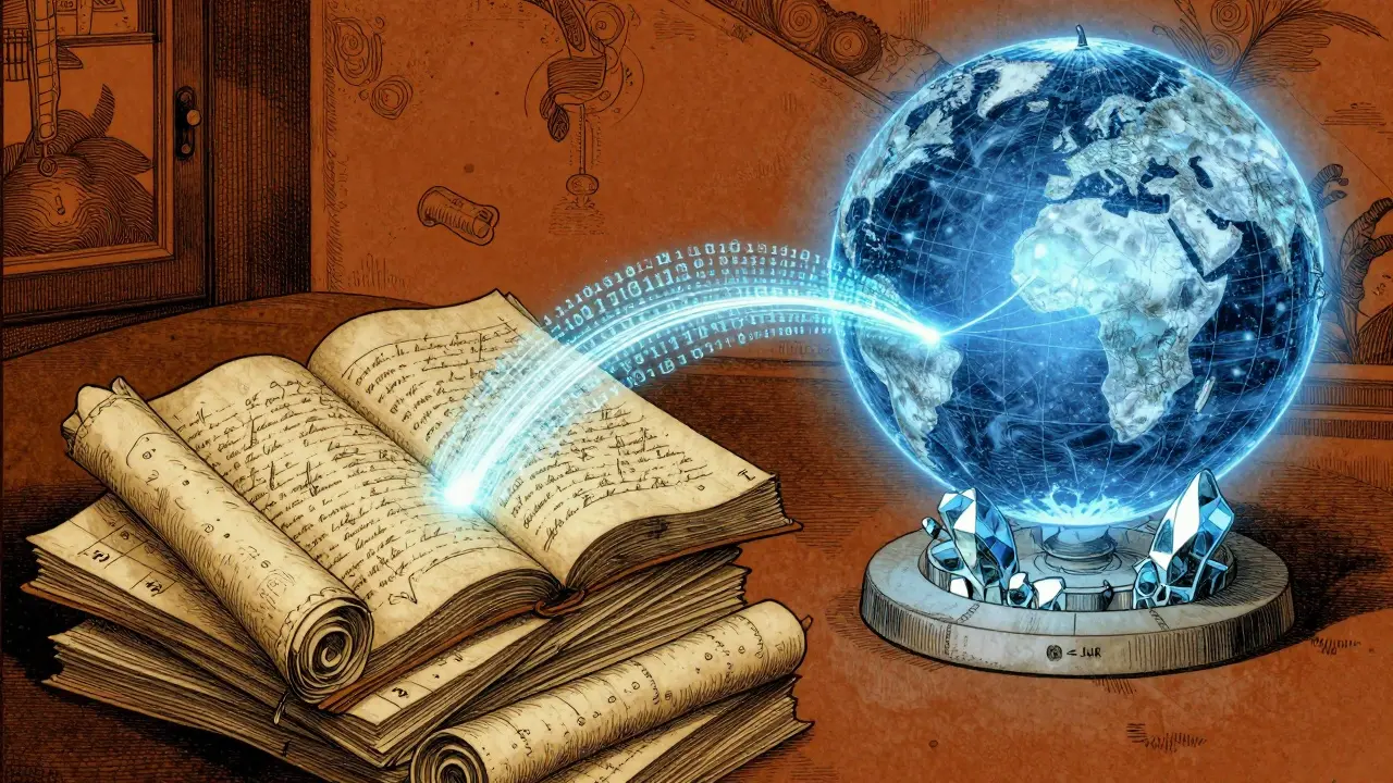 Handwritten medical ledgers transforming into digital light streams flowing into a crystal structure.