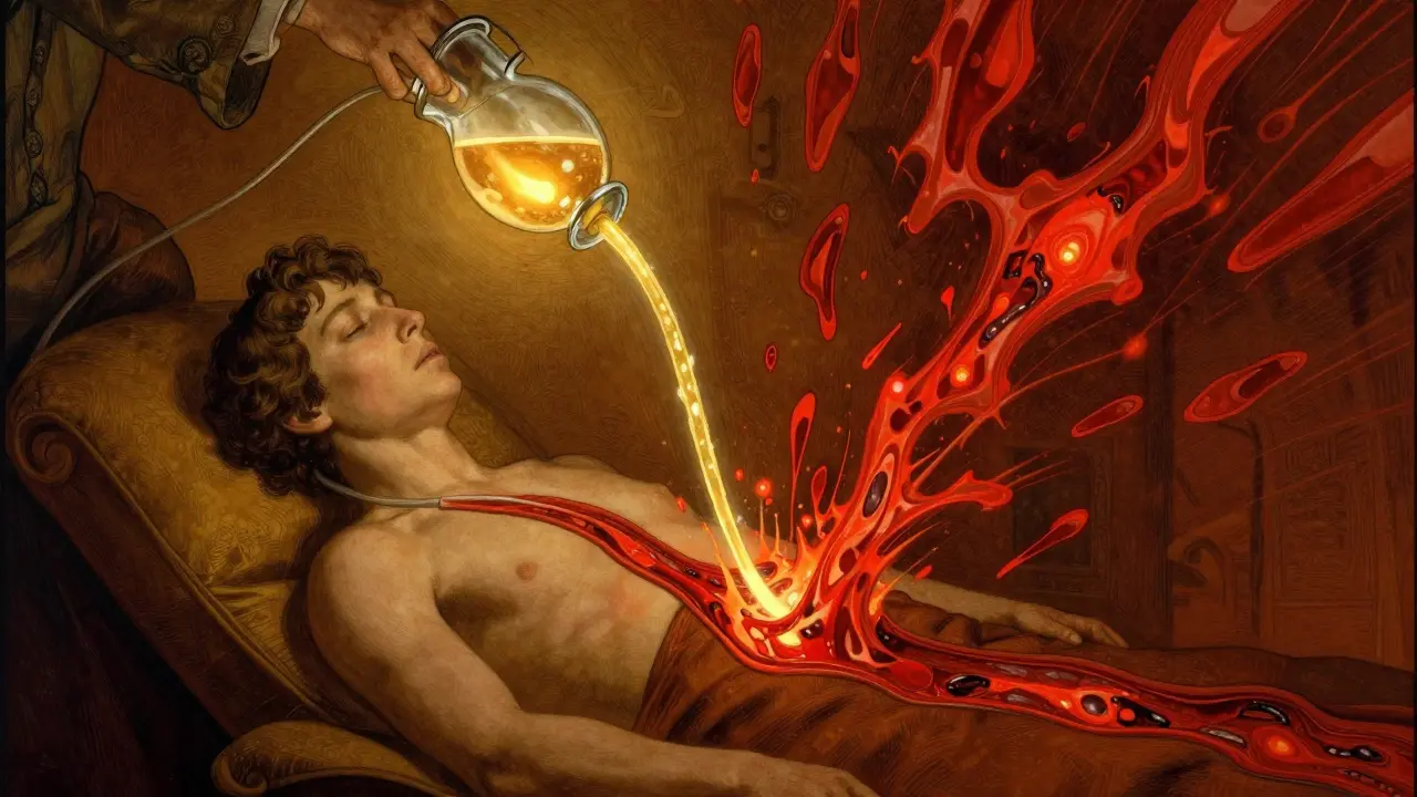 Illustration of golden liquid antibodies calming a storm of red autoantibodies in the blood.