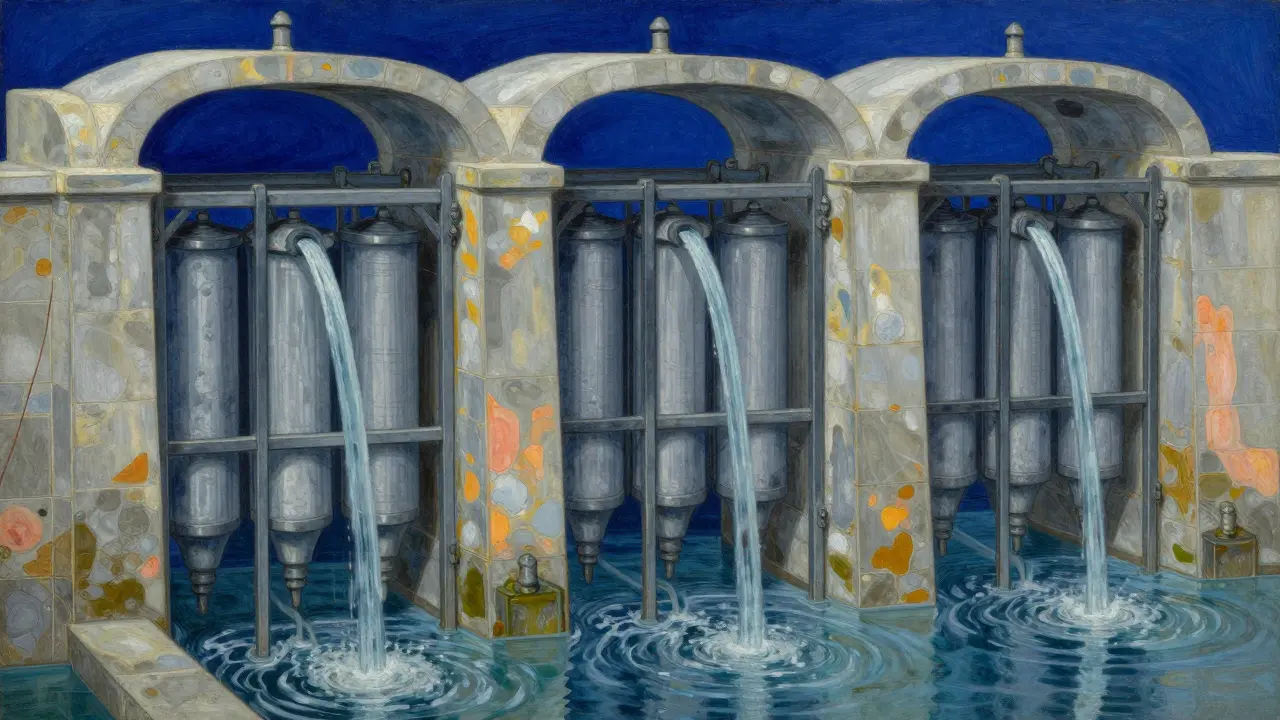 Ornate stone filtration sluices representing the decline of kidney function in older age.