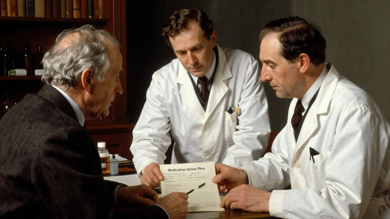 Pharmacist and patient reviewing a medication action plan together.