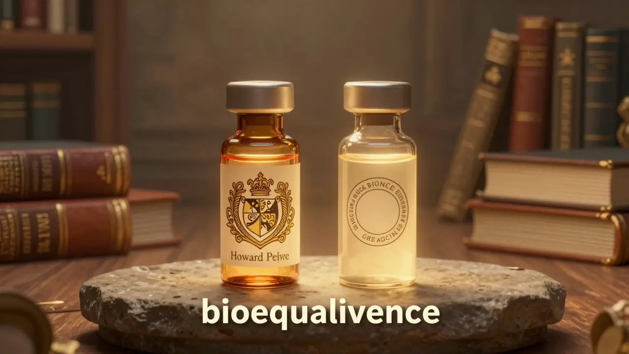 Two identical medicine vials glowing with equal light on a stone plinth