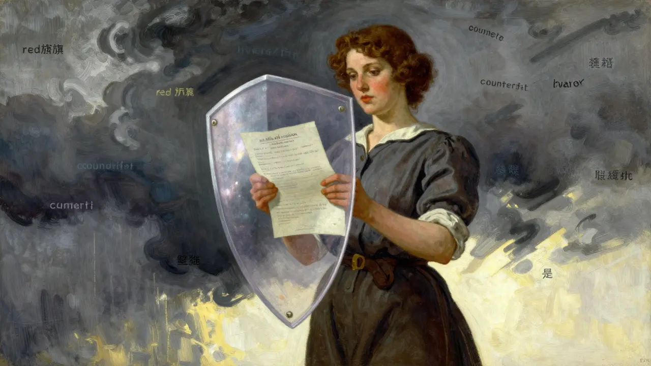 Woman protected by a shimmering shield against dark clouds of fraudulent pharmacies